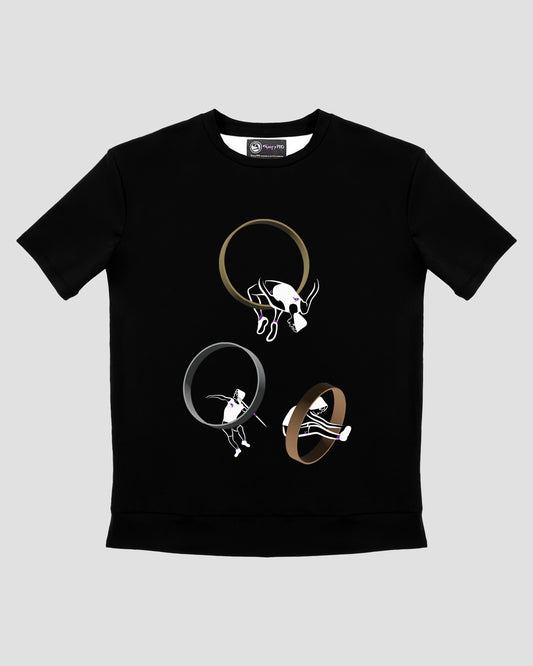 GoofyPRO Cayton Core Performance Tshirt in black with short sleeves. A graphic of 3 people completing a sport through a metallic ring.