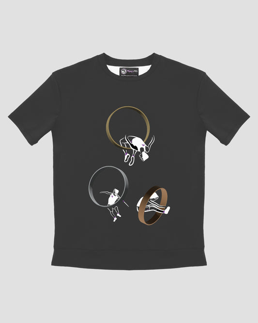 GoofyPRO Cayton Core Performance Tshirt in Titanium with short sleeves. A graphic of 3 people completing a sport through a metallic ring.