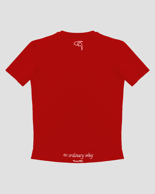 GoofyPRO Cayton Core Performance Tshirt in fire red with short sleeves, rear. White embroidered 'no ordinary way' in white on waistband. White embroidered logo at top of neck.