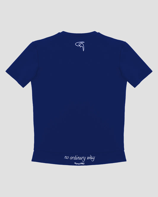 GoofyPRO Cayton Core Performance Tshirt in racing blue with short sleeves, rear. White embroidered 'no ordinary way' in white on waistband. White embroidered logo at top of neck.