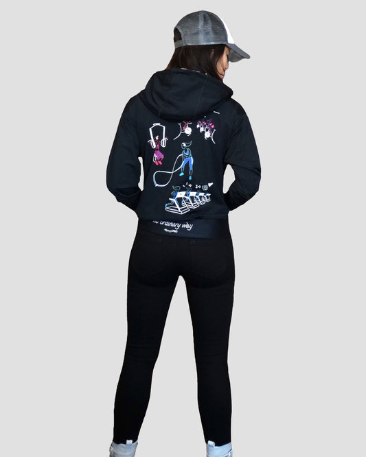 GoofyPRO Cayton Core Hoodie in black. With water based graphic design of GoofyPRO woman working out. Embroidered - no ordinary way.