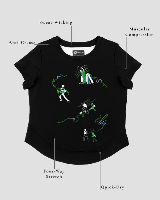 GoofyPRO Cayton Core Performance Tshirt in black with short sleeves. A graphic of 4 pairs of dancers with colourful Green seasonal colouring trails. Design elements of the T-shirt showing.