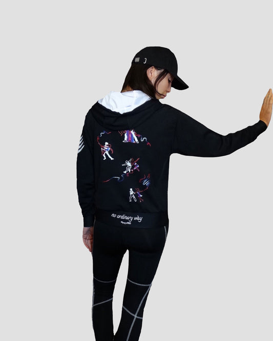 GoofyPRO Cayton Core Hoodie in black. With water based graphic design of GoofyPRO man and GoofyPRO woman dancing 4 different styles. Embroidered - no ordinary way.