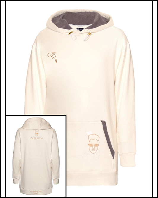GoofyPRO Daymer Fleece-Hoodie in cream, front with Embroidery design on Pocket of 3 faces. Rose gold Embroidered Logo on chest. Small picture of rear with Rose Gold Embroidery.