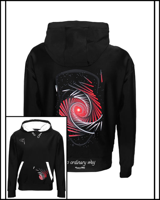 GoofyPRO Cayton XTR Black Hoodie rear graphic of red and silver rollercoaster track with head outline. Small picture of front of Cayton XTR Hoodie with front pocket design.