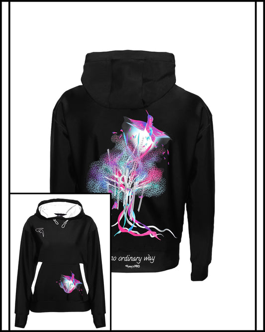 GoofyPRO Cayton XTR Black Hoodie rear graphic of colourful tree with hummingbird flying free. Small picture of front Cayton XTR Hoodie with front pocket design.