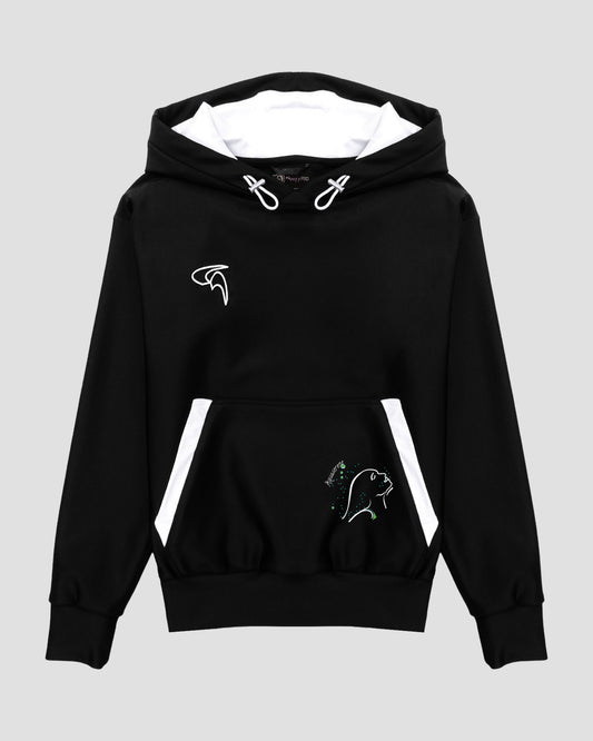 GoofyPRO Cayton XTR Hoodie in black. A graphic of swimmer with bubbles in Green seasonal colouring on front pocket. White embroidered logo on chest.