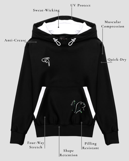 GoofyPRO Cayton XTR Hoodie in black. A graphic of swimmer with bubbles in Green seasonal colouring on front pocket. White embroidered logo on chest. Design elements of fabric.