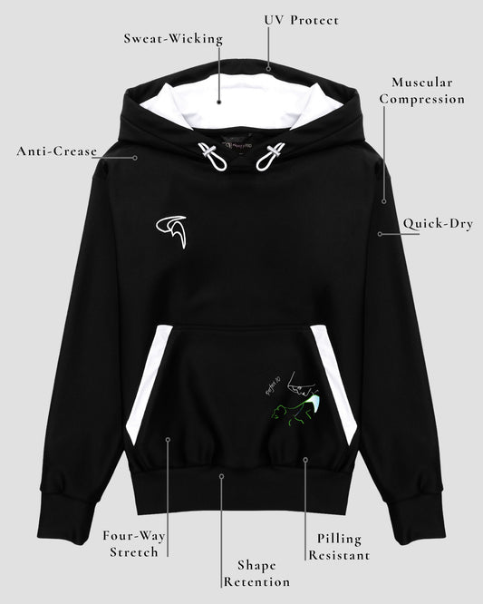 GoofyPRO Cayton XTR Hoodie in black. A graphic on pocket of dancers in Green seasonal colour. White embroidered logo in chest. Design elements of fabric.