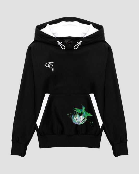 GoofyPRO Cayton XTR Hoodie in black. A graphic on front pocket of a colourful bird flying out of a colourful tree in Green seasonal colours. White embroidered logo on chest.