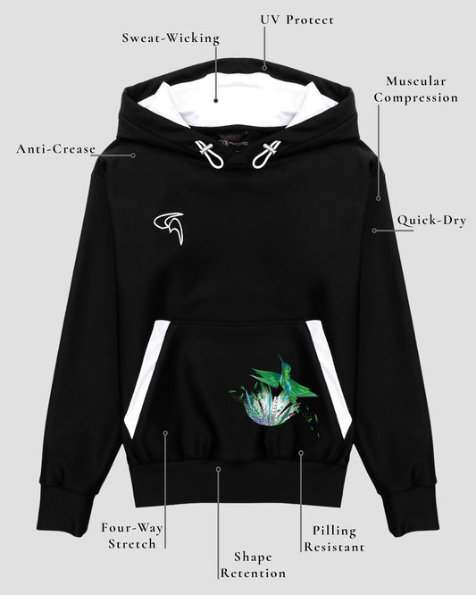 GoofyPRO Cayton XTR Hoodie in black. A graphic on front pocket of a colourful bird flying out of a colourful tree in Green seasonal colours. White embroidered logo on chest. Design elements of fabric.