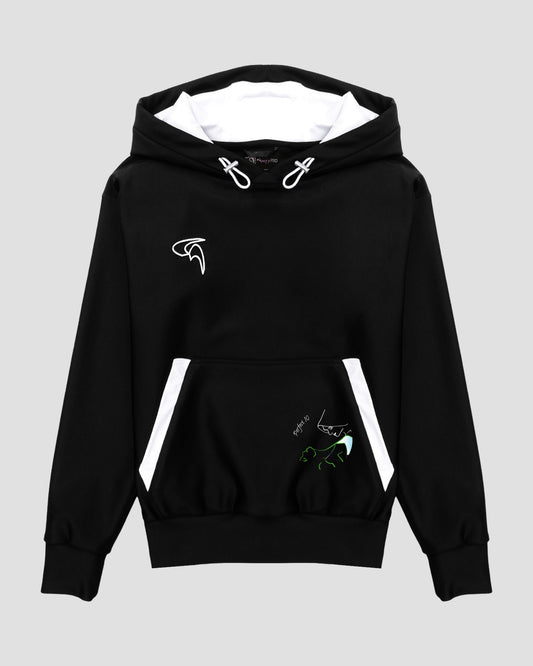 GoofyPRO Cayton XTR Hoodie in black. A graphic on pocket of dancers in Green seasonal colour. White embroidered logo in chest.