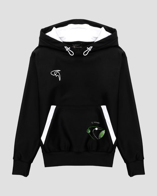 GoofyPRO Cayton XTR Hoodie in black. A graphic of space with various ball sports in Green seasonal colour on front pocket. White embroidered logo on chest.