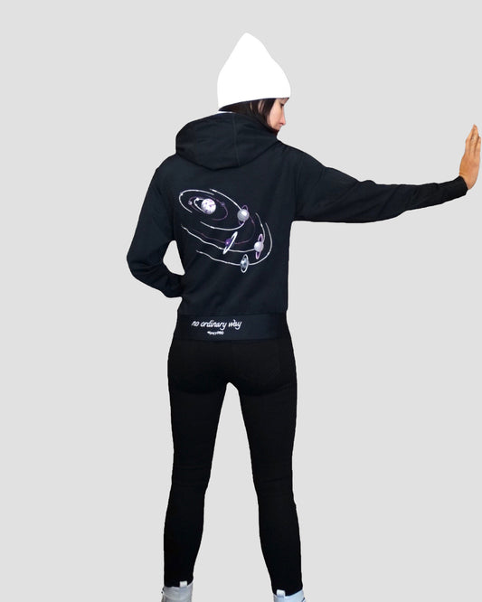 GoofyPRO Cayton Core Hoodie in black. With water based graphic design of ball sports planets. Embroidered- no ordinary way.