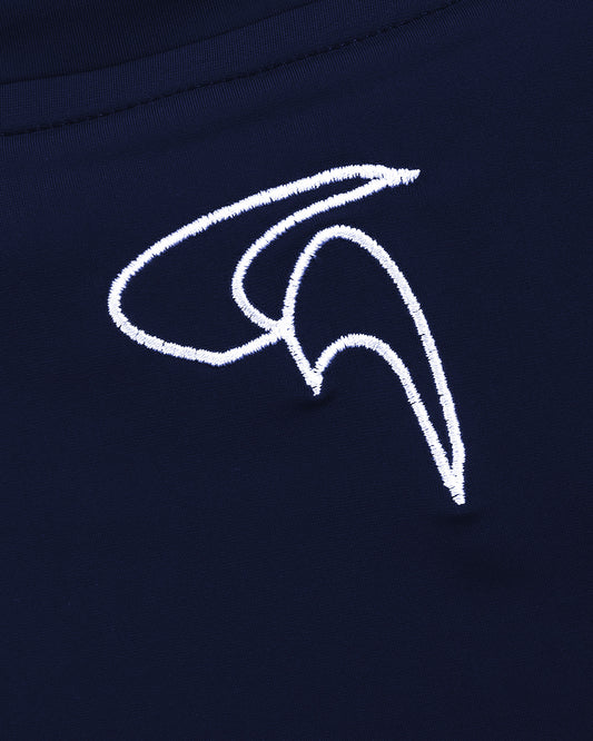 GoofyPRO Cayton Core Performance Tshirt in blueberry blue, close up of white embroidered logo at top of rear neck.