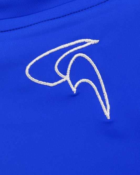 GoofyPRO Cayton Core Performance Tshirt in harbour blue, close up of white embroidered logo at top of rear neck.