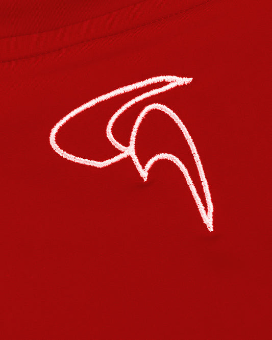 GoofyPRO Cayton Core Performance Tshirt in fire red, close up of white embroidered logo at top of rear neck.