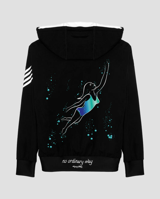 GoofyPRO Cayton Core Hoodie in black. With water based graphic design of woman swimming underwater with bubbles. Embroidered - no ordinary way.