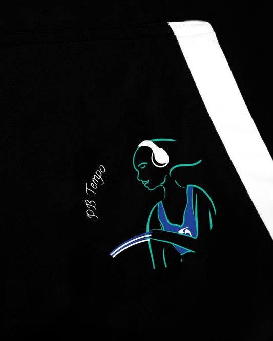 Close up of GoofyPRO Cayton Core Hoodie in black. With water based graphic design of GoofyPRO woman working out, on front pocket