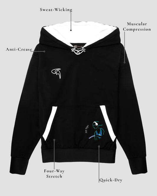 GoofyPRO black Cayton Core Hoodie front picture with technical element descriptions