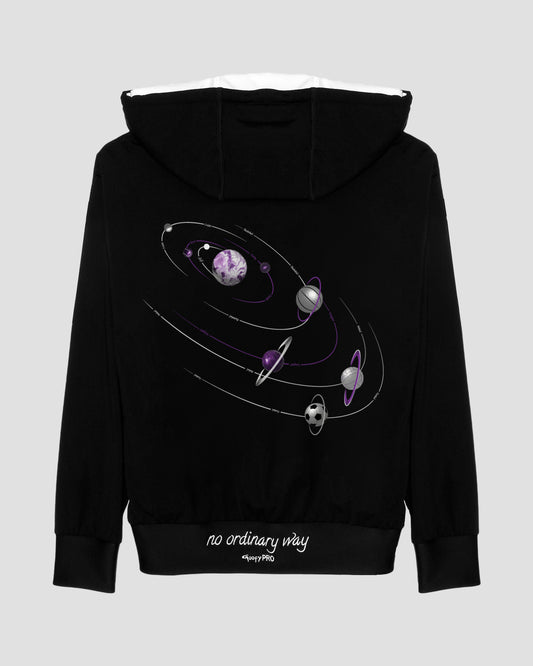 GoofyPRO Cayton Core Hoodie in black. With water based graphic design of ball sports planets. Embroidered- no ordinary way.