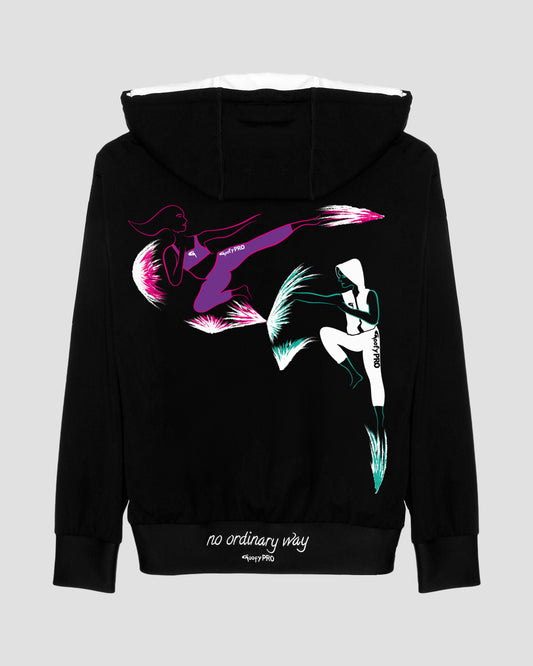 GoofyPRO Cayton Core Hoodie in black. With water based graphic design of GoofyPRO woman and GoofyPRO man warming up and cooling down. Embroidered- no ordinary way.