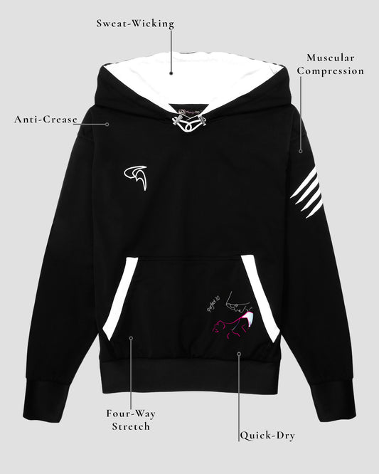 GoofyPRO black Cayton Core Hoodie front picture with technical element descriptions