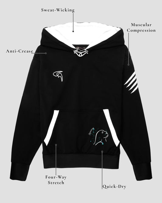 GoofyPRO black Cayton Core Hoodie front picture with technical element descriptions.