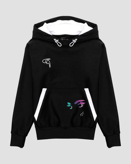 GoofyPRO Cayton XTR Black Hoodie Front with Pink and Blue Eyes and name FIT on Pocket. Embroidered Logo in white on chest.