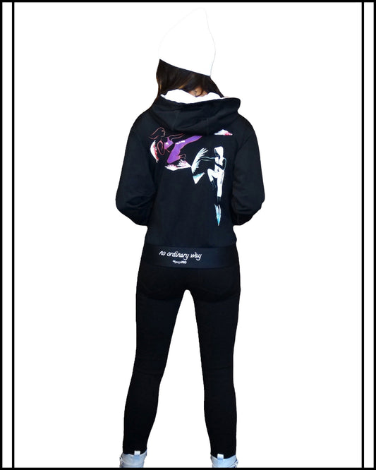 GoofyPRO Cayton Core Hoodie in black. With water based graphic design of GoofyPRO woman and GoofyPRO man warming up and cooling down. Embroidered- no ordinary way.