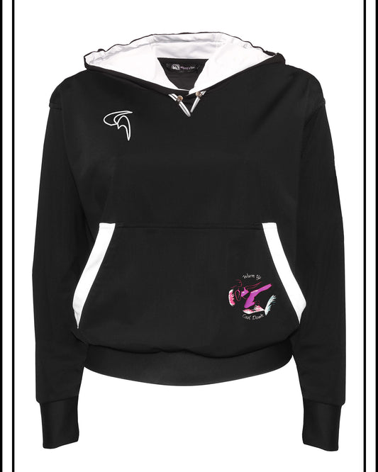GoofyPRO Cayton Core Hoodie in black. With water based graphic design of GoofyPRO woman warming up and cooling down, on front pocket.