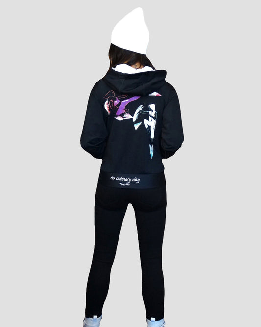 GoofyPRO Cayton Core Hoodie in black. With water based graphic design of GoofyPRO woman and GoofyPRO man warming up and cooling down. Embroidered- no ordinary way.