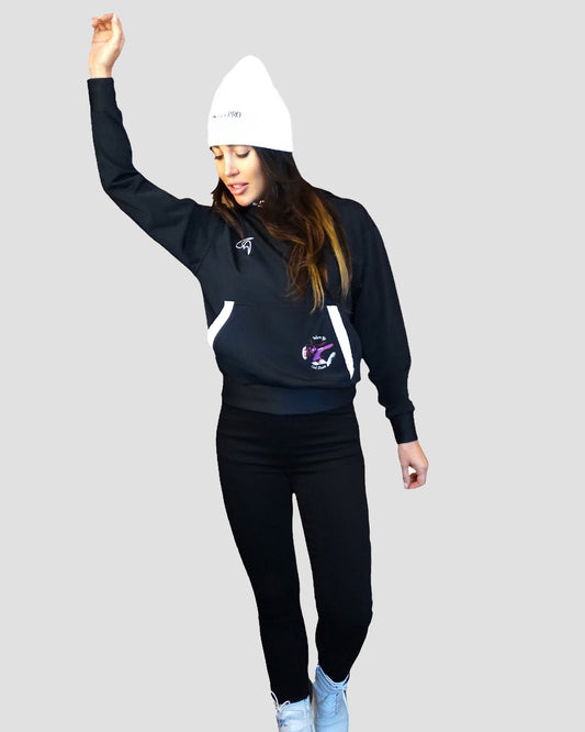 GoofyPRO Cayton Core Hoodie in black. With water based graphic design of GoofyPRO woman warming up and cooling down, on front pocket.