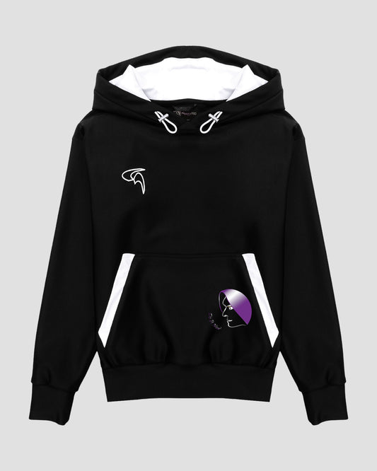 GoofyPRO Cayton XTR Hoodie in black. A graphic on front pocket of a face in purple, silver and white with Do It NOW writing. White hood lining and white embroidery logo on chest.