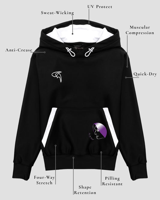 GoofyPRO Cayton XTR Hoodie in black. A graphic on front pocket of a face in purple, silver and white with Do It NOW writing. White hood lining and white embroidery logo on chest. Technical element descriptions of fabric.