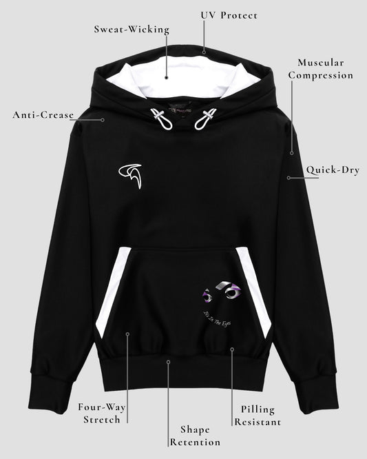 GoofyPRO Cayton XTR Hoodie in black. A graphic on front pocket of one set of eyes with It's in the Eyes in white, purple, silver and flecks of gold. White embroidered logo on chest. Design elements of fabric.