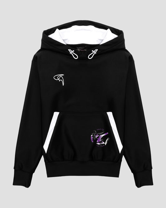 GoofyPRO Cayton XTR Hoodie in black. A graphic on pocket of front, of a female in martial art style pose. White embroidered logo on chest.