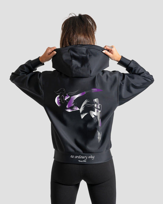 GoofyPRO Cayton XTR Hoodie in black. A graphic on rear of a female and male in martial art style pose. White embroidered 'no ordinary way' on waistband.