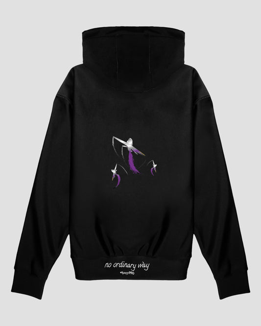 GoofyPRO Cayton XTR Hoodie in black. A graphic on rear of three silver planes with purple trailing jet stream. White embroidered 'no ordinary way' on waistband.