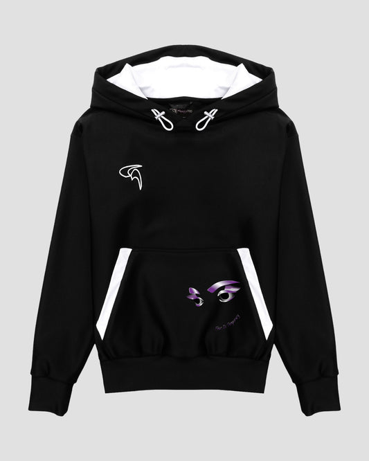 GoofyPRO Cayton XTR Hoodie in black with white trim on kangaroo pocket. A graphic of two eyes in purple and silver with the words' fear is temporary' on the pocket. White hood lining and white embroidery logo on chest.