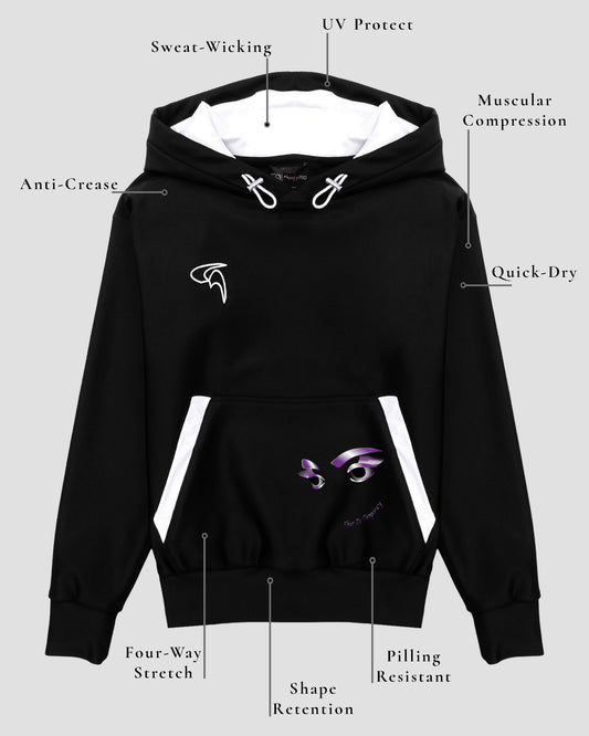 GoofyPRO Cayton XTR Hoodie in black with white trim on kangaroo pocket. A graphic of two eyes in purple and silver with the words' fear is temporary' on the pocket. White hood lining and white embroidery logo on chest. Design elements of fabric.