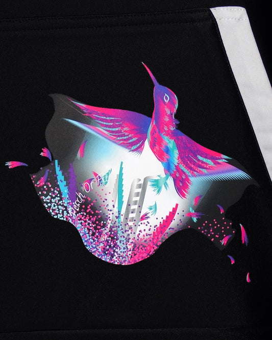 GoofyPRO Cayton XTR Black Hoodie Pocket close up of colourful Hummingbird flying from silver ladder. Name 'Perch Or Fly' in white.