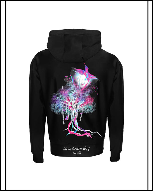 GoofyPRO Cayton XTR Black Hoodie rear graphic of colourful tree with hummingbird flying free.
