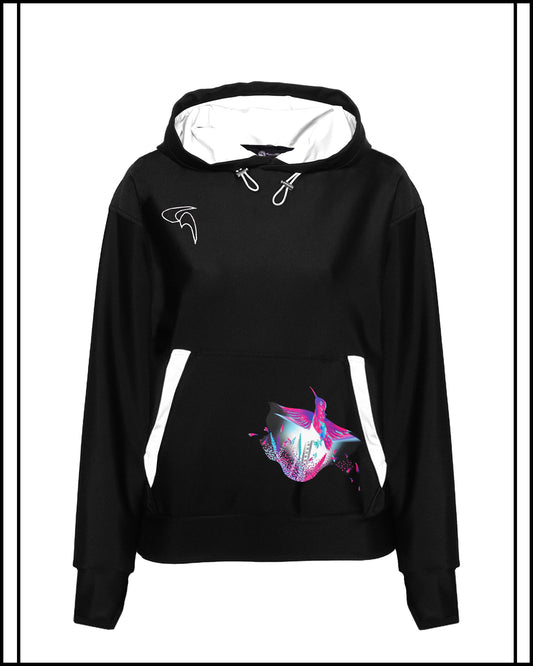 GoofyPRO Cayton XTR Black Hoodie front with Pocket graphic of colourful Hummingbird flying from silver ladder. Name 'Perch Or Fly' in white.