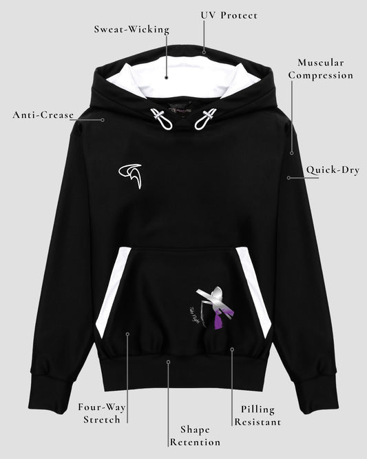 GoofyPRO Cayton XTR Hoodie in black. A graphic on front pocket of a silver plane with purple trailing jet stream and words Take Flight. White embroidered logo on chest and white hood lining. Design elements of fabric.