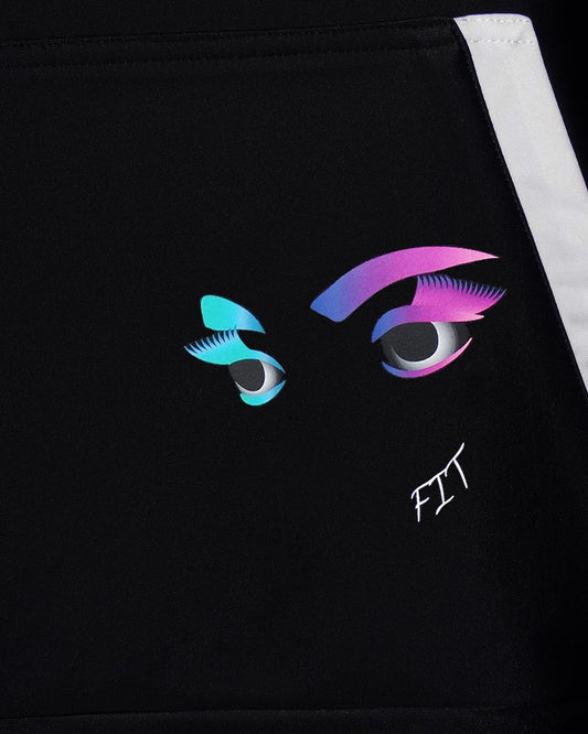 GoofyPRO Cayton XTR Black Hoodie close up of Pocket graphic with pink and blue eyes with name FIT in white.