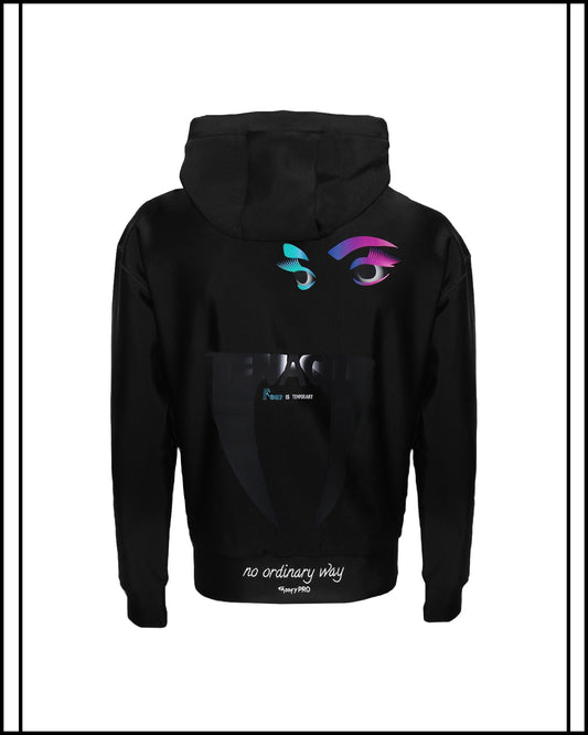 GoofyPRO Cayton XTR Black Hoodie rear graphic, pink and blue eyes with words 'TENACITY Fear Is Temporary'.