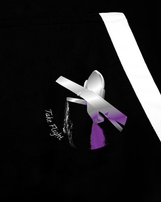 GoofyPRO Cayton XTR Hoodie in black. A close up of graphic on front pocket of a silver plane with purple trailing jet stream and words Take Flight. White pocket trim.