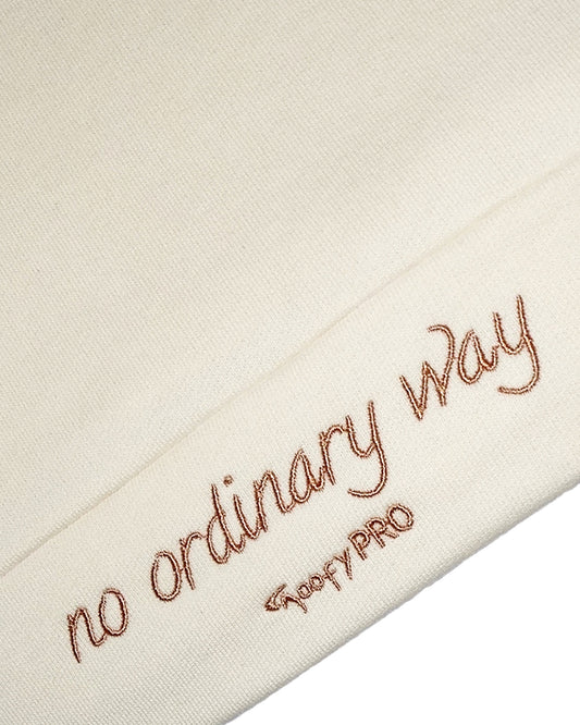 GoofyPRO Daymer Fleece-Hoodie close up of Waistband with rose gold Embroidery 'no ordinary way'.