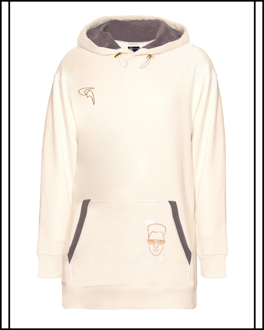 GoofyPRO Daymer Fleece-Hoodie in cream, front with Embroidery design on Pocket of 3 faces. Rose gold Embroidered Logo on chest.